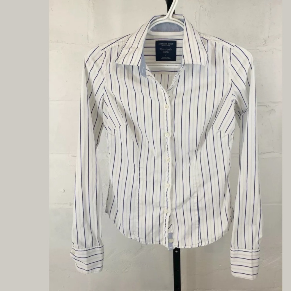 American Eagle Outfitters White Button-Up Shirt with Navy Stripes